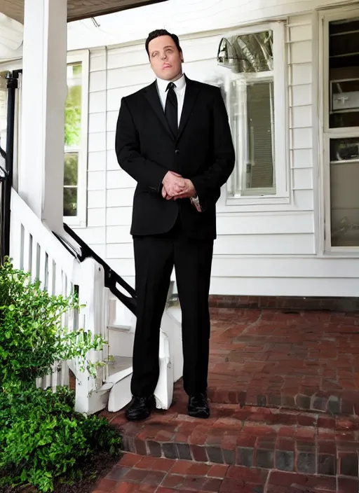 Prompt: clean - shaven 2 0 1 2 jon favreau wearing a black suit and necktie and apron is sweeping the front porch of a house.