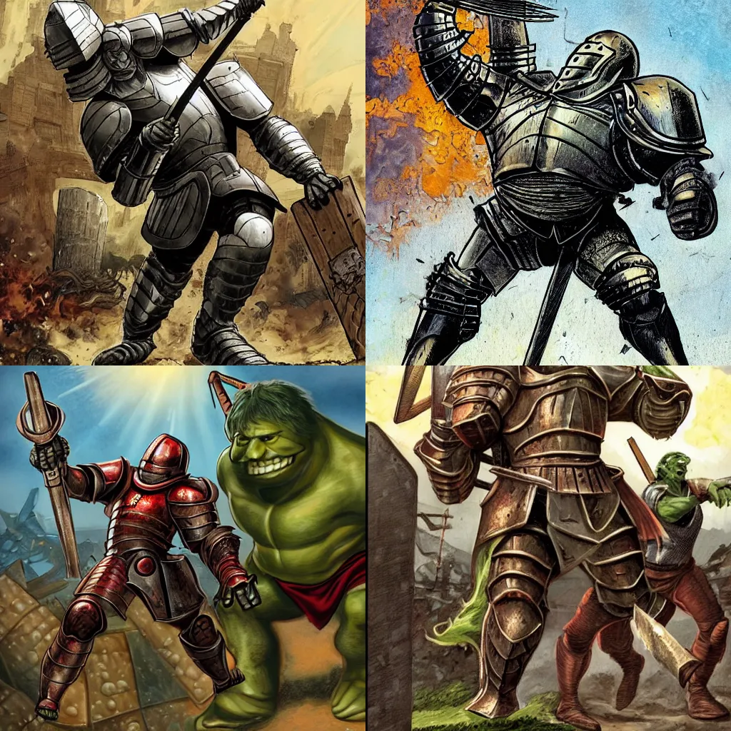 Prompt: An armored knight, wielding a massive hammer, battling umber hulks