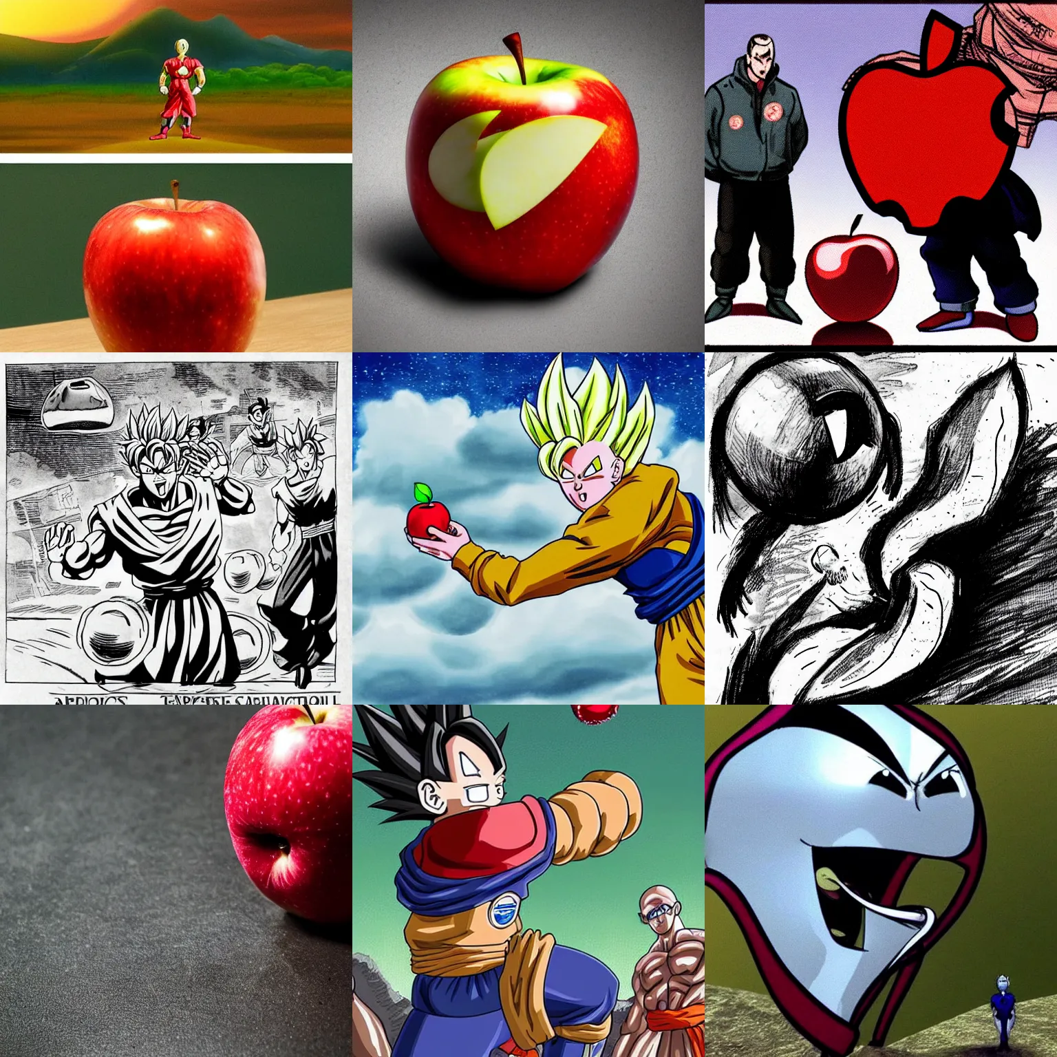 Prompt: a man deploys an apple to stop the advance of several doctors. doctors scream at an apple that repels them physically. apple forcefield pushes back medical professionals. dragon ball z art, energy battle. this is the apple that each day keeps the hordes of doctors away.