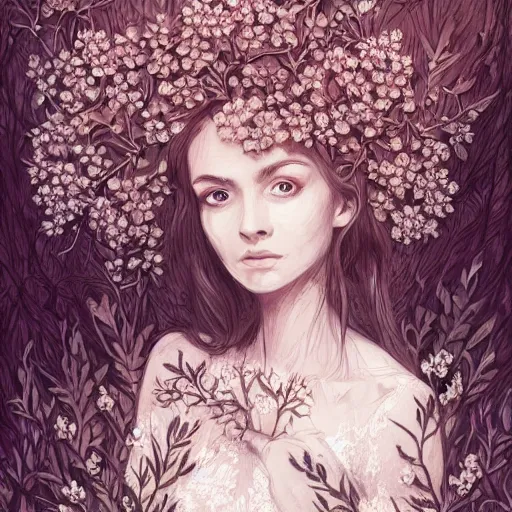 Image similar to a picture of a woman with a symmetrical detailed face, in a white lace dress and covered in flowers and leaves sitting in an enchanted forest, sunset, high fantasy, elegant, epic, detailed, intricate, digital painting, concept art, realistic detailed face, smooth, focus, soft rim light,