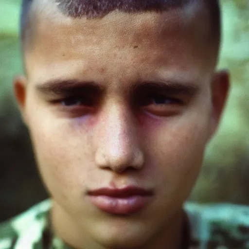 Prompt: Detailed portrait of a jarhead. CineStill.