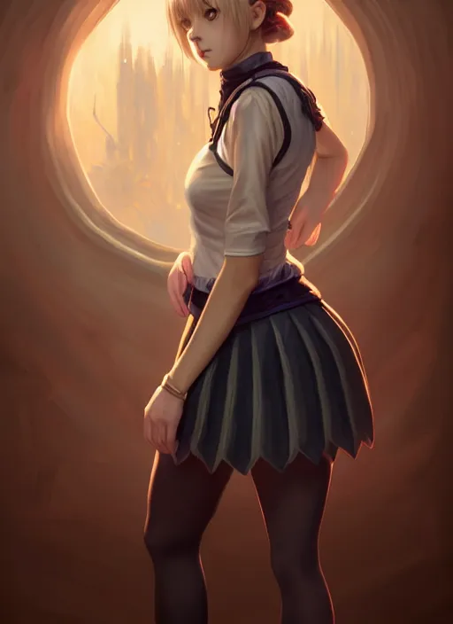 Image similar to portrait of a full body of beautiful young female detective, d & d, sleeveless turtleneck, pleated skirt, fantasy, flat lighting, intricate, highly detailed, digital painting, artstation, concept art, smooth, sharp focus, illustration, misa amane, art by simon bisley and greg rutkowski and alphonse mucha, natural tpose