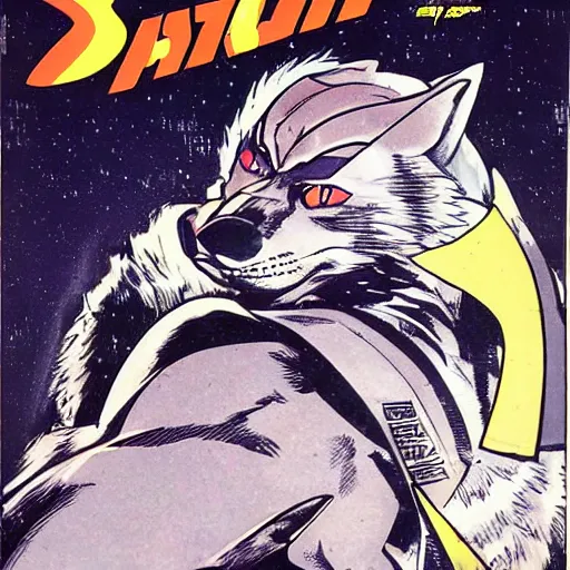 Image similar to 1 9 8 0 s comic book cover scan featuring a portrait of villain male wolf o'donnell anthropomorphic wolf furry fursona from starfox wearing a dark space mercenary uniform, dark grey wolf, handsome eyes, wolf o'donnell