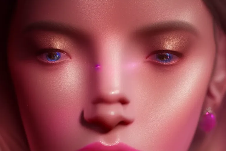 Image similar to a pink diamond with a womans face, cinematic lighting, ray tracing, unreal engine 5, photorealistic, 8 k, uhd, extremely detailed, beautiful, elegant, intricate, foggy, golden ratio, medium close - up, perfect composition, dramatic, medium close - up, film still