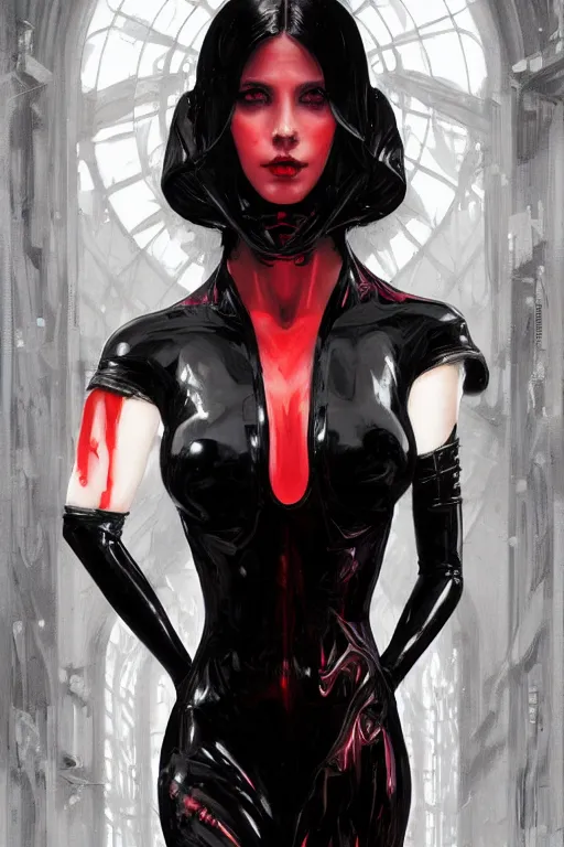 Image similar to Portrait of beautiful pale cyberpunk gothic girl in black latex, red lighting, intricate, elegant, highly detailed, digital painting, artstation, concept art, smooth, sharp focus, illustration, art by artgerm and greg rutkowski and alphonse mucha