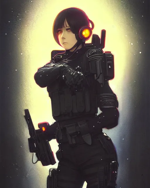 Image similar to anime key visual of a female officer, swat vest, neon, cyberpunk, futuristic, stunning, highly detailed, digital painting, smooth, soft focus, illustration, movie poster, japanese typography, digital art from artstation by artgerm and greg rutkowski and alphonse mucha