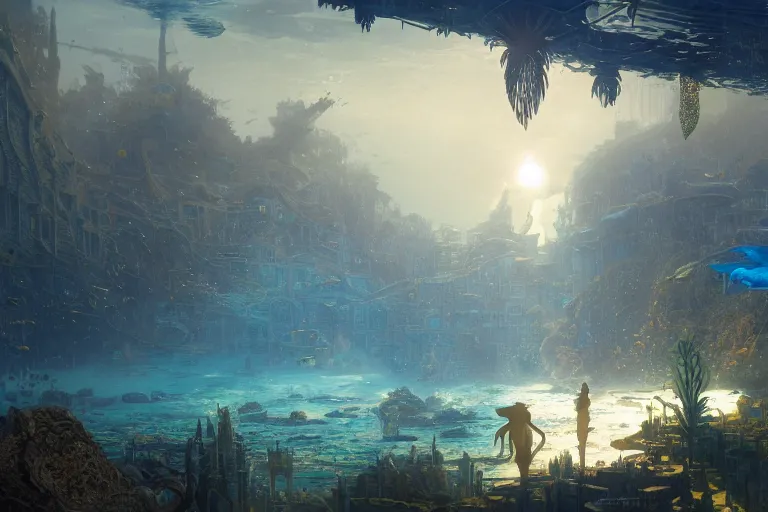 Prompt: a scenic landscaping view of the lost and abandoned city of Atlantic under water, ray of sunlight, mermaids in distance, Greg Rutkowski, Moebius, Mohrbacher, Mucha, blue and gold color scheme, ultra wide angle, ultra detailed, light effect