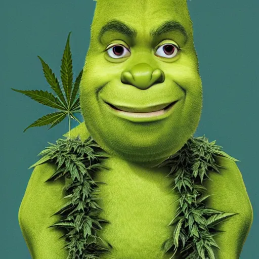 Image similar to Shreck dressed in Marijuana leaves, portrait, ultra realism