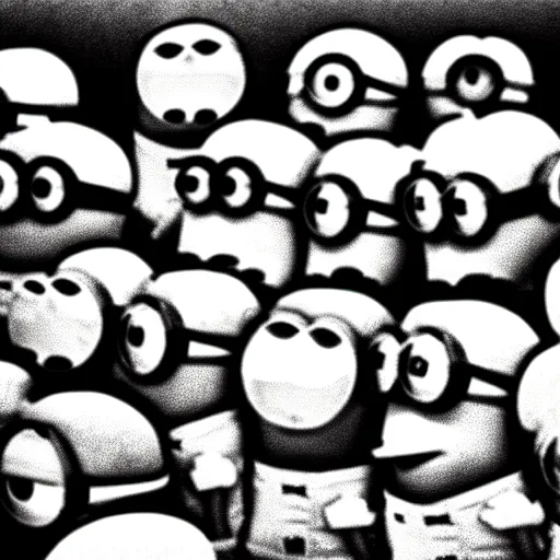 Image similar to The minions minions minions at the Nuremberg trials, monochrome, very low contrast, noise