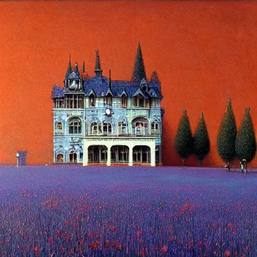 Prompt: white majestic castle on the green lawn, vibrant colors, painting by Beksinski