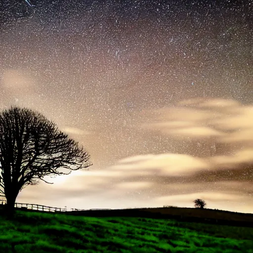 Prompt: Yorkshire countryside covered with tree at night | Stars in the sky | Full moon partly hidden by clouds | Beautiful and calm