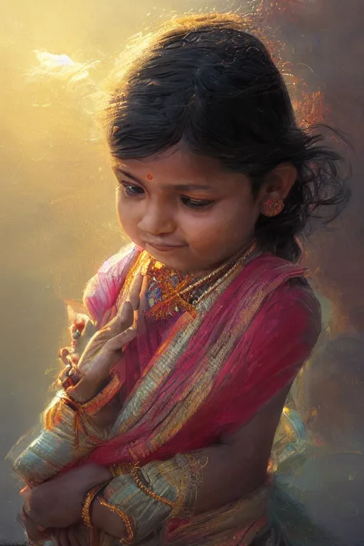 Image similar to hindu little girl, joyful, close - up portrait, intricate, elegant, volumetric lighting, scenery, digital painting, highly detailed, artstation, sharp focus, illustration, concept art, ruan jia, steve mccurry