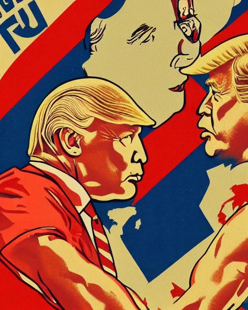 Image similar to vintage illustrated poster of Trump vs Putin wrestling match, hyper realism, high detail, vintage palette, old paper , 8k