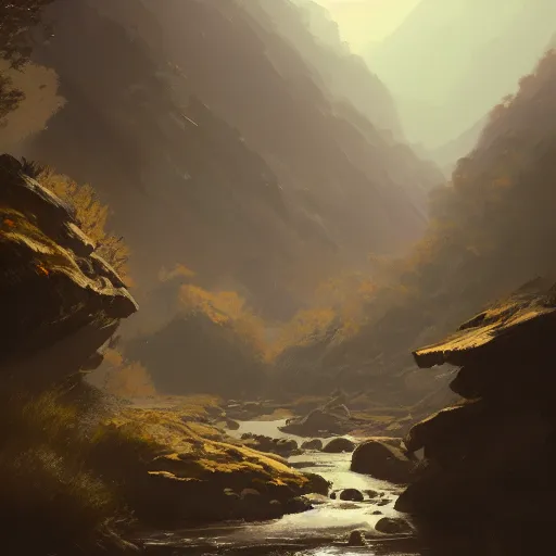 Prompt: river in avila dry mountains, 4 k, concept art, by wlop, ilya kuvshinov, artgerm, krenz cushart, greg rutkowski, pixiv. cinematic dramatic atmosphere, sharp focus, volumetric lighting, cinematic lighting, studio quality