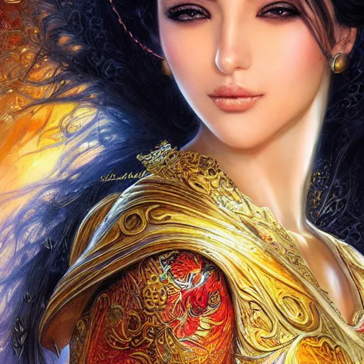 Prompt: a beautiful arabian woman by karol bak, ayami kojima, artgerm, arabian beauty, blue eyes, smile, concept art, fantasy