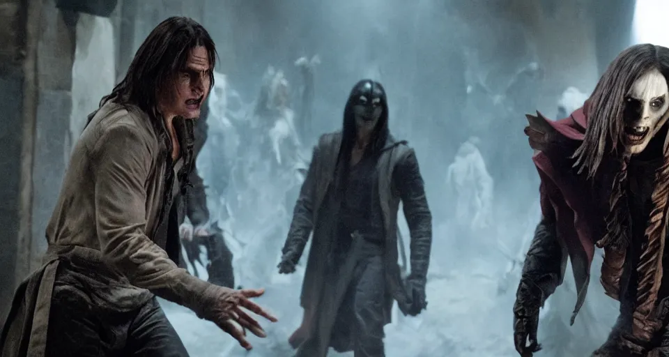 Image similar to tom cruise as the mummy fighting jared leto as morbius, film still