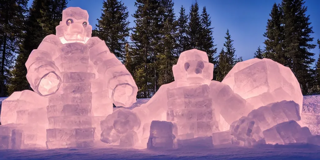 Prompt: giant ice sculpture of a golem, fire, glow, cinematic photo, forest, mountain