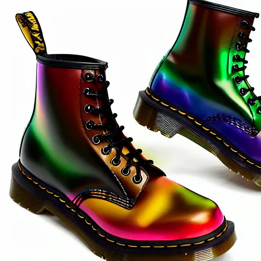 Prompt: a battered old pair of Dr martens boots with rainbow laces