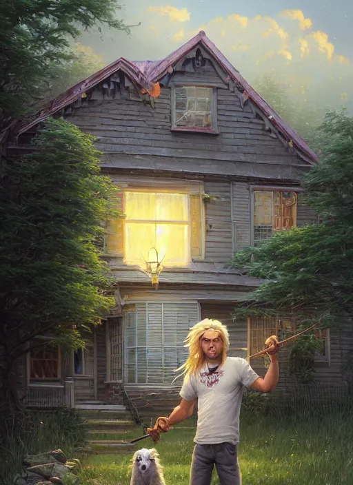 Image similar to highly detailed portrait of a blonde long - haired hillbilly in front of old style house, with his fluffy light gray australian shepherd, stephen bliss, art by greg rutkowski, loish, rhads, ferdinand knab, makoto shinkai and lois van baarle, artgerm, pixar, ilya kuvshinov, rossdraws, tom bagshaw, global illumination