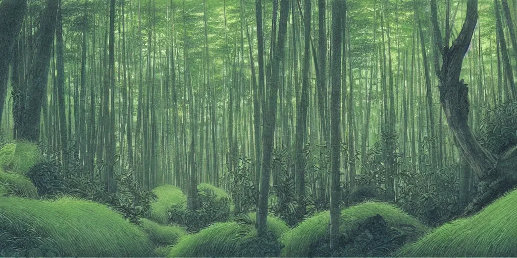 Image similar to art by john howe of the cinematic view of the sagano bamboo forest.