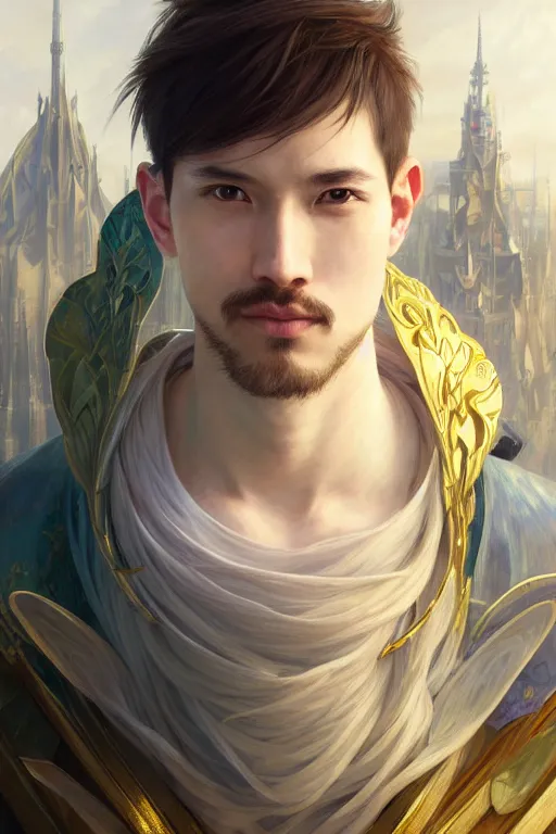 Image similar to portrait of a man with modern hairs, soft smile, final fantasy, league of legends champion, strong iridescent light, by chengwei pan and sakimichan and greg rutkowski and alphonse mucha, gradient white to gold, in front of a magical building background, highly detailed portrait, digital painting, smooth, focus illustration