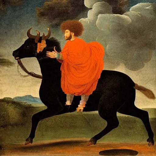 Image similar to black man with afro hair wearing an army green cloak, riding!!! an orange!! bull!!!, renaissance style painting