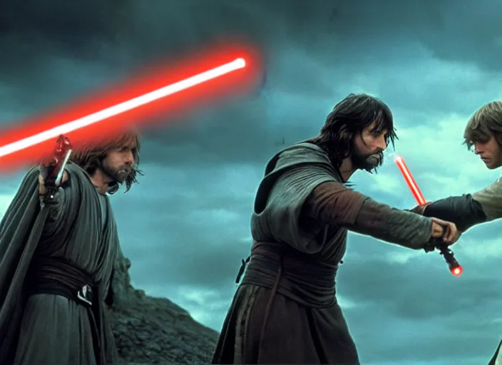 Image similar to Brutal combat Aragorn vs Luke Skywalker. Film still. Aragorn on the left side and Luke Skywalker with red light saber on the right side in the middle earth near broken X-wing ship, high detail