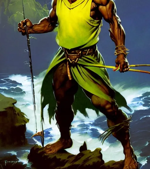 Image similar to magic : the gathering fantasy character concept art by frank frazetta and marco bucci, high resolution. a clear portrait of a 3 0 - year old athletic male jamaican, fisherman, wearing yellow green black calico clothing, magical fishing rod weapon, jamaican ocean flowing in the background, symmetry, fantasy coloring, intricate, 8 k, digital painting, artstation, smooth, sharp focus