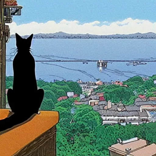 Image similar to a black cat lady looking out over a city, Miyazaki, studio ghibli