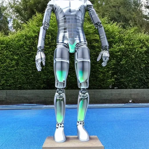 Image similar to a realistic detailed photo of a guy who is an attractive humanoid who is half robot and half humanoid, who is a male android, soccer player timo werner, shiny skin, posing like a statue, blank stare, by the pool, on display, showing off his muscles, humanoid robot, frozen ice statue, made of ice