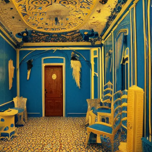 Image similar to a black nightmare in a blue and gold haunted liminal abandoned room, film still by wes anderson, limited color palette, very intricate, art nouveau, highly detailed, strong lights, liminal, eerie, bright pastel colors