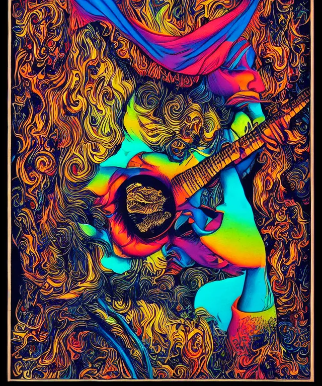 Image similar to beautiful colorful hyperrealist highly detailed psychedelic music poster, high contrast colored wood engraving, trending on artstation 8 k