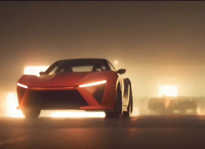 Image similar to Bladerunner 2049 scene red sports car driving on empty road dark atmospheric volumetric lighting grungy moody dark cinematic Roger Deakins Cinematography futuristic cyberpunk car soul red GTR NSX RX8 C3 Chaser S16 Evolution 10 Z07 R34 ikuo maeda Newton Thomas Sigel bladerunner 2049 screen cap still