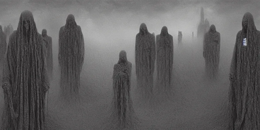 Prompt: an ultra detailed hellscape with ominous robed figures, art by beksinski