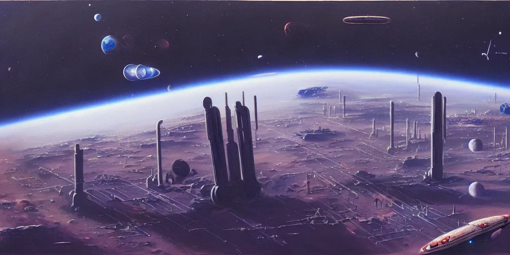 Image similar to a painting of low earth orbit space city by john harris. 8 k, ultra clear detailed.