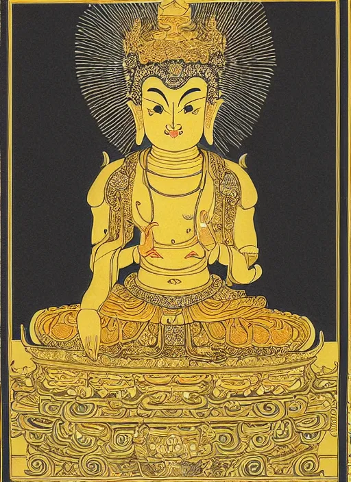 Prompt: detailed pen illustration of an anthropomorphic asian black bears head on Buddhist bodhisattva body, seated in royal ease, 0.1 black micron pen, gilded gold halo behind head, highly detailed, fine pen work, religious iconography, white background