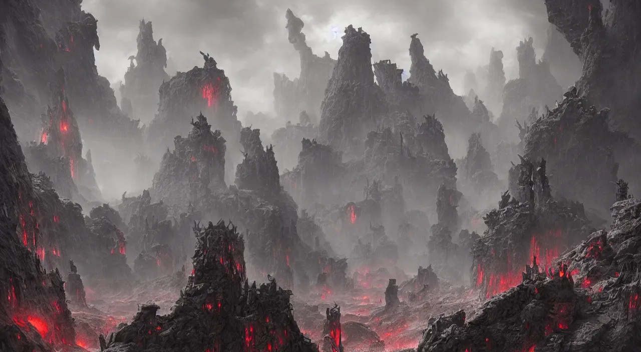 Prompt: Ruins of hell, an ominous fantasy illustration, dramatic matte painting by Wayne Barlowe and Fenghua Zhong, featured in artstation, octane render, cinematic, elegant, intricate, 8k, fine dust, depth of field