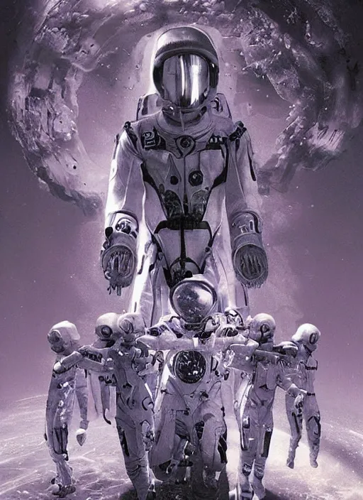 Image similar to astronauts in the dark infinite underwater void - complex and hyperdetailed technical suit, fabric material. reflection and dispersion materials. rays and dispersion of light. volumetric light. wide angle, f / 3 2. noise film photo. flash photography. ultra realistic, wide angle. poster by wayne barlowe, hajime sorayama aaron horkey, craig mullins