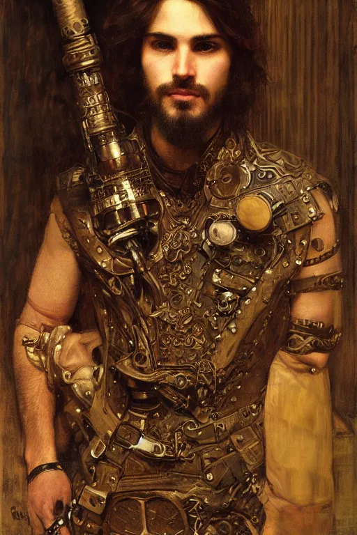 Image similar to attractive male, steampunk, cool tint, orientalist intricate portrait by john william waterhouse and edwin longsden long and theodore ralli and nasreddine dinet, hyper realism, dramatic lighting