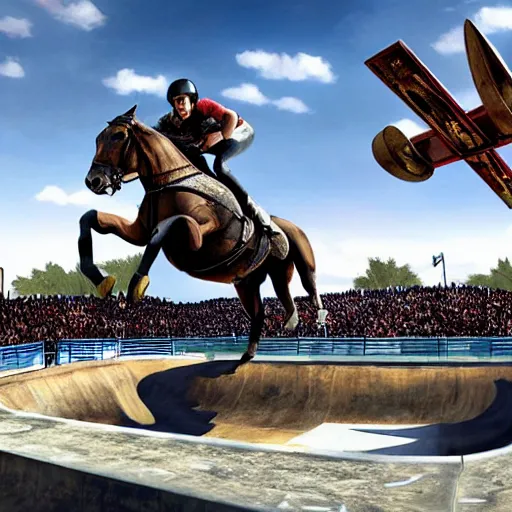 Prompt: roman horse chariot racer high jumping in a skate park half-pipe, video game cover, intense, high detail