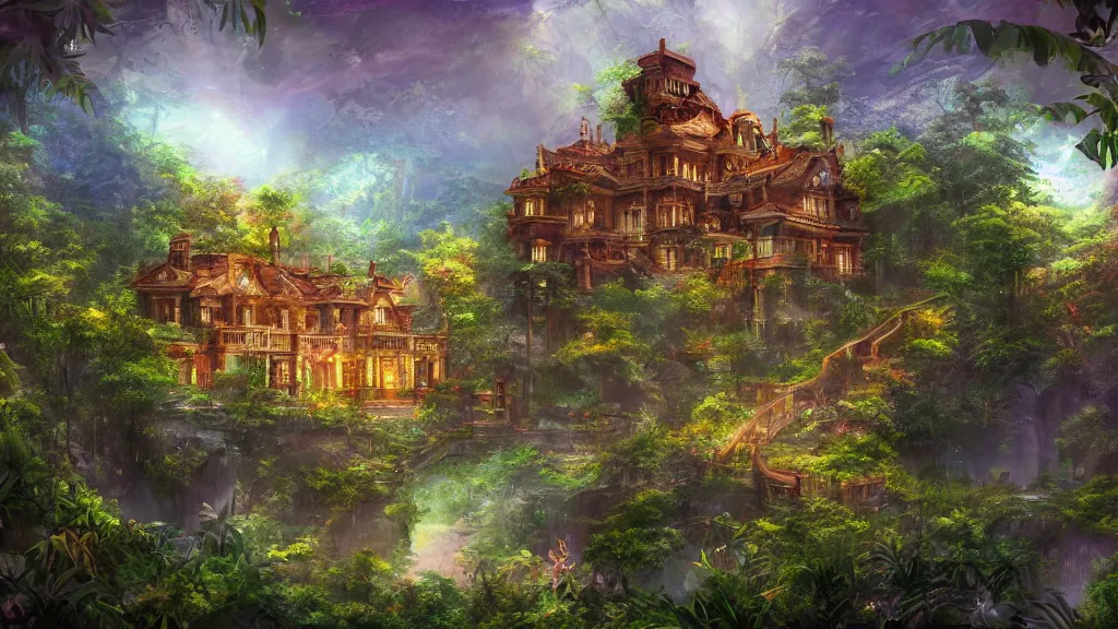 Prompt: A beautiful mansion in the Jungle”Beautiful Dreamscape, Digital art, concept art, detailed, lovely colors, Art station,3-D 4K, beautiful background, matte painting, Frank Lloyd Write,