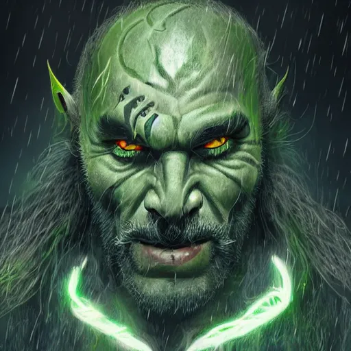 Prompt: an older half - orc shaman with long wiry grey hair, glowing green eyes, glowing tattoos, lightning in background, rainy background, character concept art, artstation, digital art