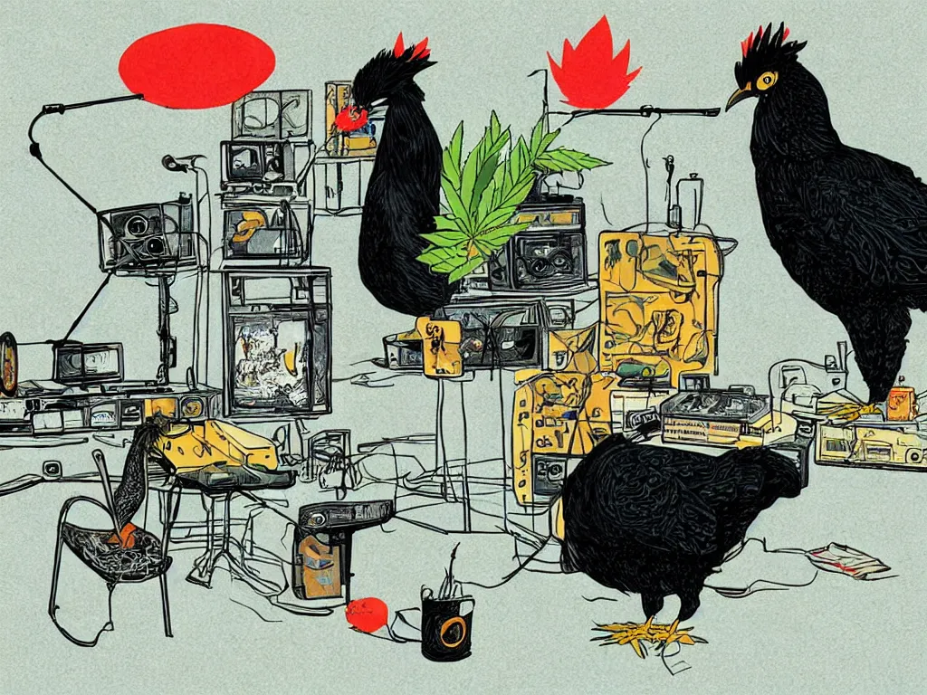 Image similar to 'black chicken'!!! smoking 'cannabis'!!!!!! in front of 'audio console'!!!! and 'multi monitors'!!!! 'in a hi-tech tv broadcasting studio'!!!!, artwork by James Gilleard