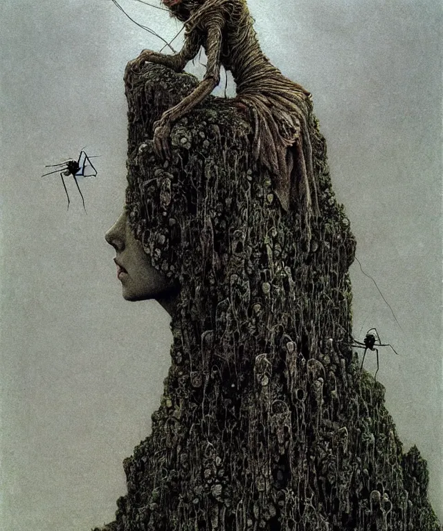 Prompt: a detailed mosquitowoman stands among the hills. wearing a ripped mantle, robe. perfect faces, gnats, extremely high details, realistic, fantasy art, solo, masterpiece, art by zdzislaw beksinski, arthur rackham, dariusz zawadzki