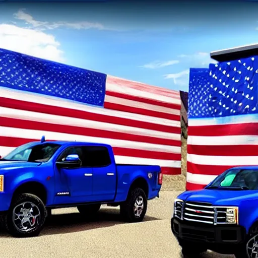 Prompt: photo of big blue biden pickup trucks with american flags on them. biden is written on the side of the truck.