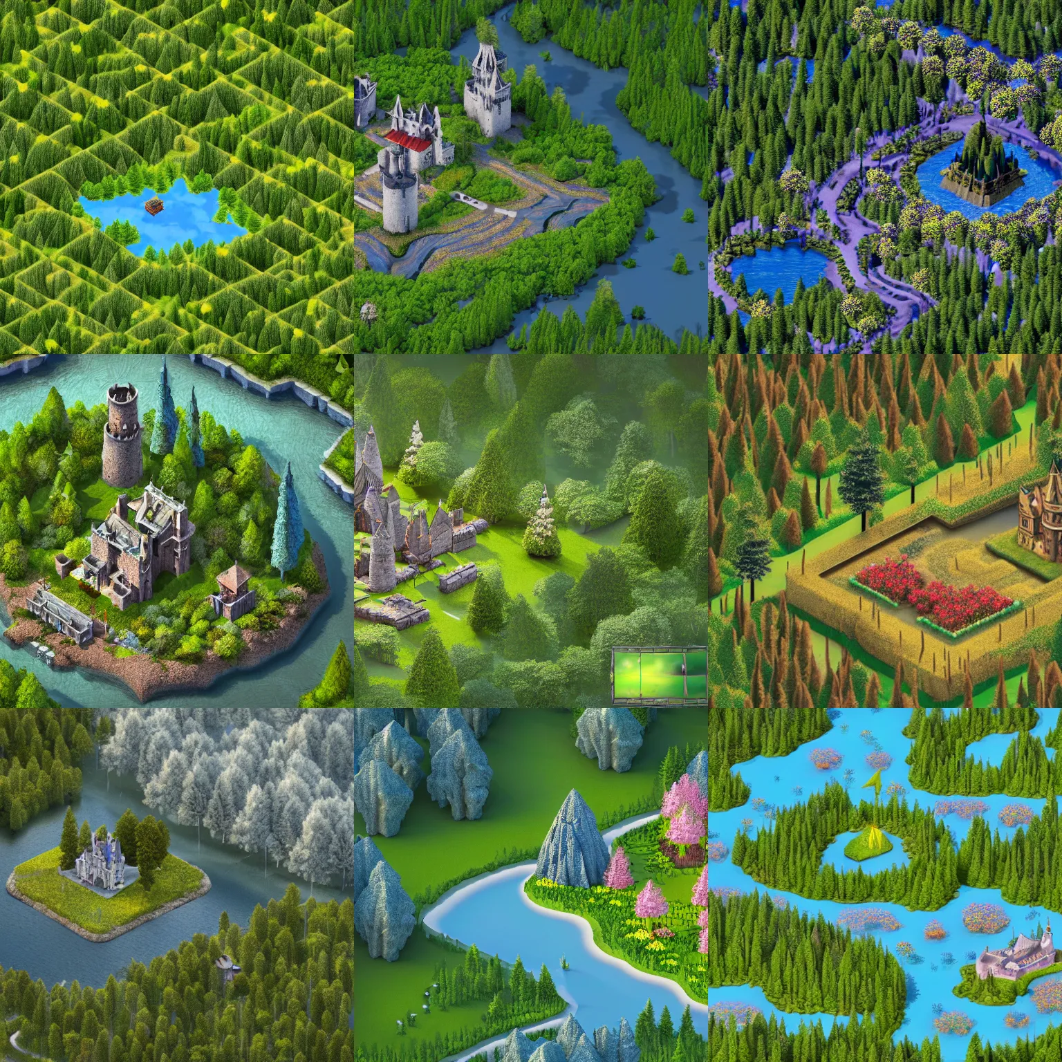 isometric game, forest with a castle, small lake, Stable Diffusion