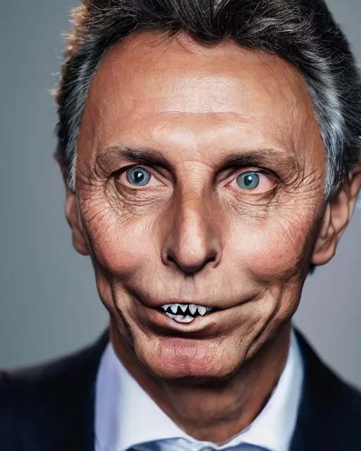 Image similar to president Mauricio Macri in Elaborate Cat Man Makeup and prosthetics designed by Rick Baker, Hyperreal, Head Shots Photographed in the Style of Annie Leibovitz, Studio Lighting