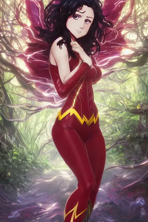 Prompt: anime key visual of a beautiful young female the flash!! intricate, magical forest, stunning, highly detailed, digital painting, artstation, smooth, hard focus, illustration, art by artgerm and greg rutkowski and alphonse mucha