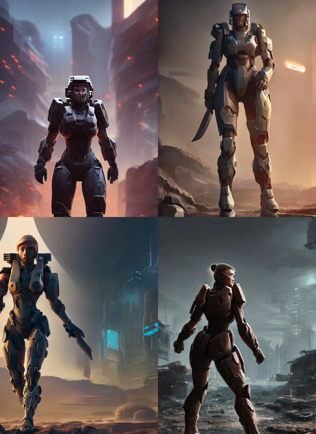 Prompt: a beefy female warrior walking in a cyberpunk wasteland facing the camera, mjolnir armor from halo infinite without a helmet, female face features, 8K, octane render, Digital painting, concept art, illustration, sharp focus, centered, good value control, realistic shading, rational painting, rubber undersuit