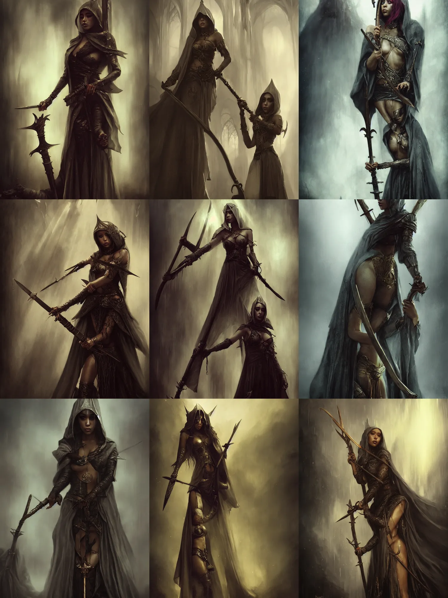 Prompt: closeup of doja cat dressed in assassin robes holding a spear in one hand, illustration by bastien lecouffe deharme, magic the gathering, desaturated colors, gloomy medieval background, sparse floating particles, god rays, golden hour, bleak cityscape background, grim color palette, regal aesthetic, high quality